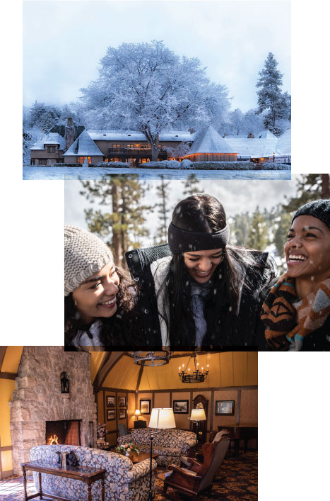 the lodge covered in snow, a group of friends laughing in the snow, the lobby of the lodge and a roaring fireplace