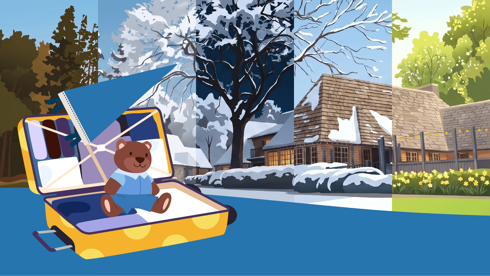 An illustration of the Lodge in various seasons - Fall, Winter and Spring.